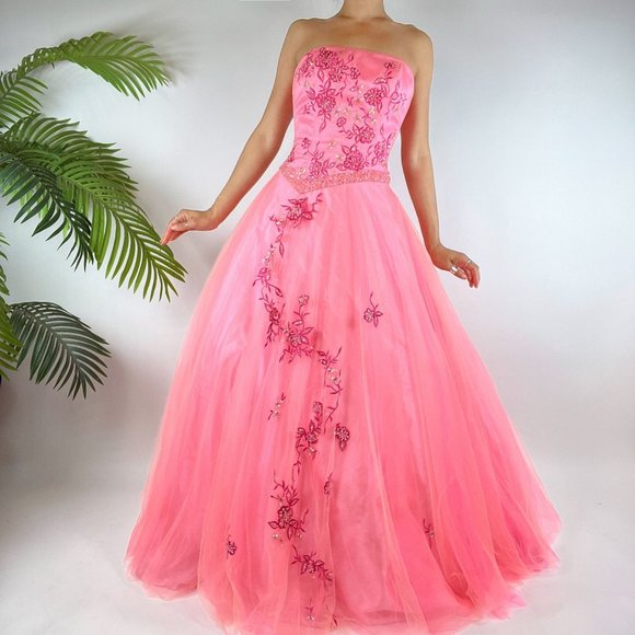 Vintage Y2K Pink Fairycore Floral Strapless Floral Prom Ball Gown Dress / Sz: 4 - Picture 4 of 6